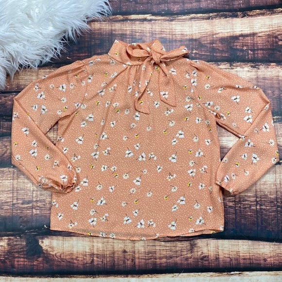 Tops - Pink Floral Pussy Bow Blouse